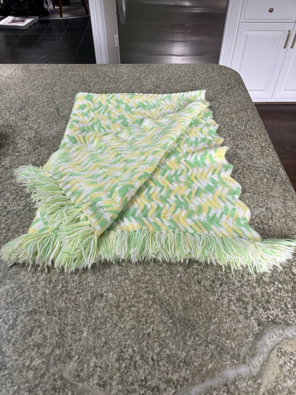 Vintage Handmade Crochet Chevron Sofa Throw-Baby Blanket with fringe edge 36x52"